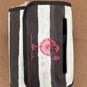 Black and White Striped Rolling make up Bag with Pink Embroidery